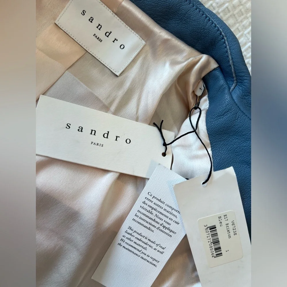 SANDRO Blue Ruched Shell-Paneled Sleeves Leather Goat Biker Jacket - Picture 15 of 16